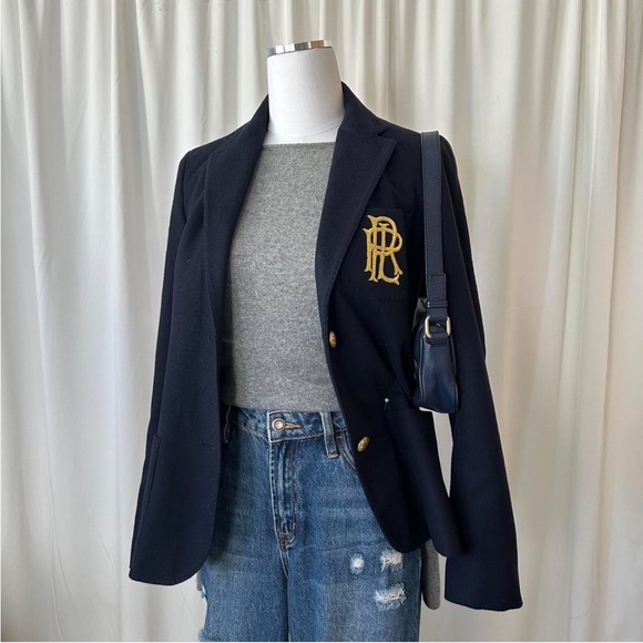 Ralph Lauren Jackets & Blazers - Navy blue Ralph Lauren blazer wool cashmere with gold embroidered monogram.